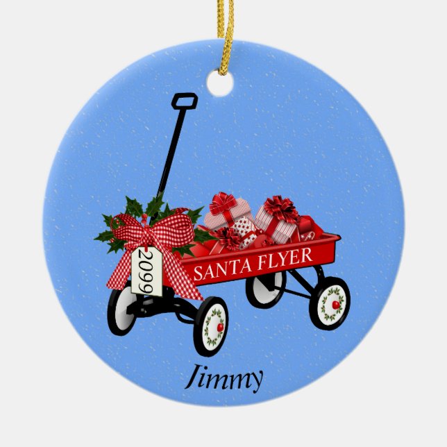 Red Flyer Wagon Ceramic Christmas Personalized Ornament (Front)