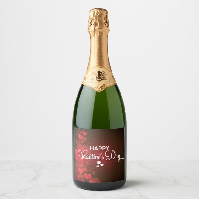 Red Flying Hearts with Happy Valentine's Day Sparkling Wine Label (Front)