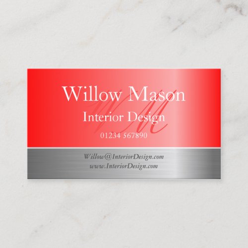 Red Foil &amp; Brushed Steel Monogram Business Card