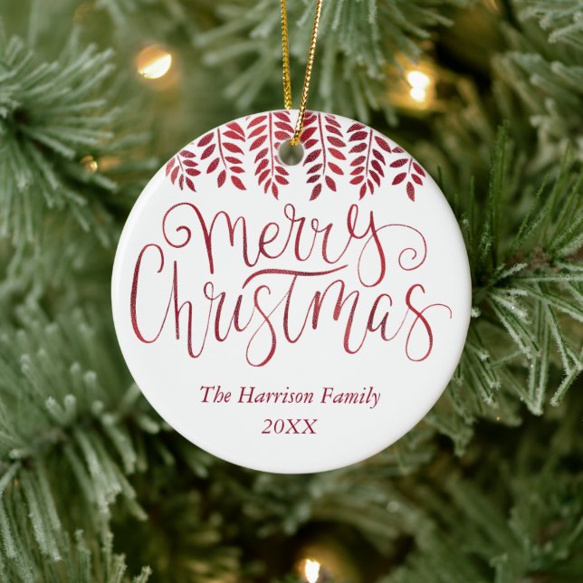 Red Foil Effect Typography Merry Christmas Ceramic Ornament (Tree)