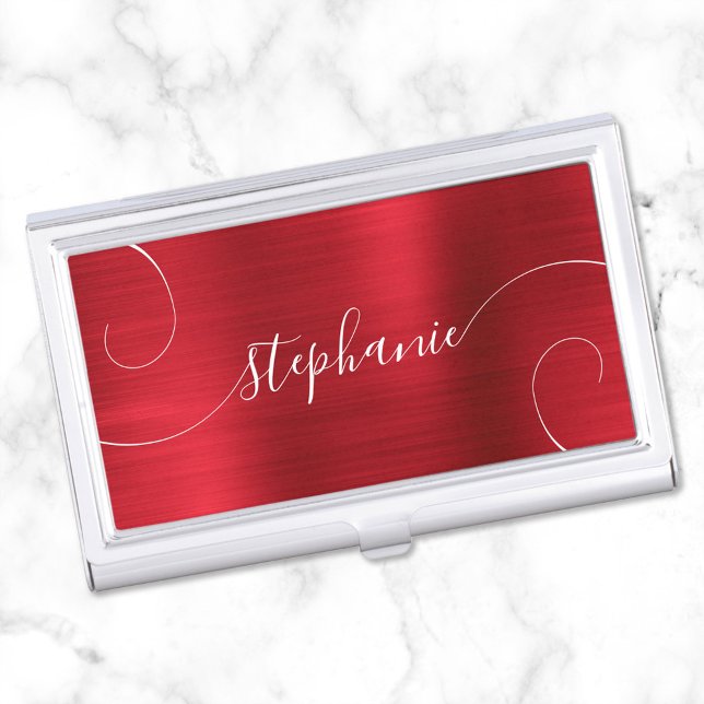 Red Foil Elegant Script Curly Name Business Card Case (Create your own girly monogrammed business card case for her.)
