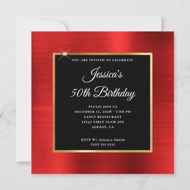 Red Foil Gold and Black Overlay 50th Birthday Invitation (Front)