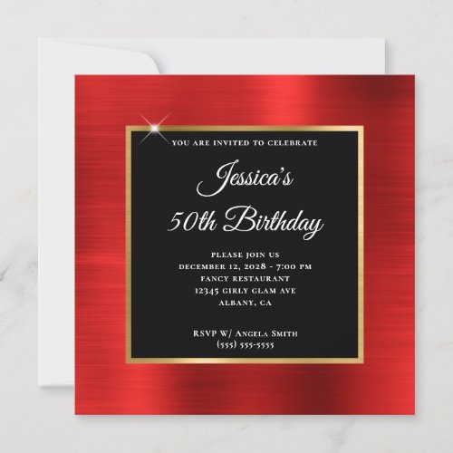 Red Foil Gold and Black Overlay 50th Birthday Invitation