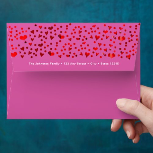 Red Foil Hearts XOXO on Pink Custom Name Envelope