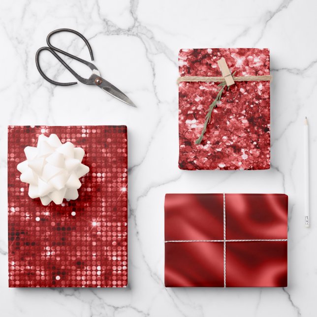Red Foil Holiday Satin and Glitter Christmas Wrapping Paper Sheets (Front)