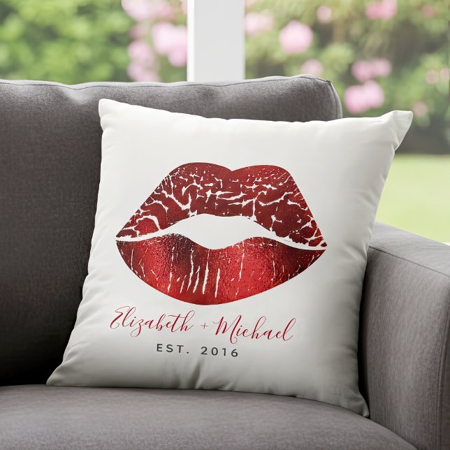 Red Foil Lips Custom Names Script Bold Modern Glam Throw Pillow (Creator Uploaded)