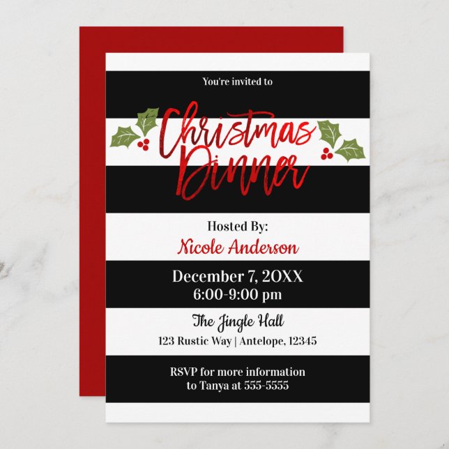 Red Foil Shine Chic Modern Script Christmas Dinner Invitation (Front/Back)