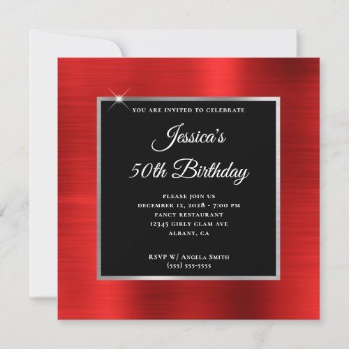 Red Foil Silver and Black Overlay 50th Birthday Invitation