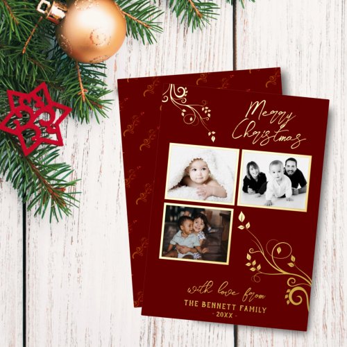 Red Foliage Real Foil 3 Photo Collage Foil Holiday Card