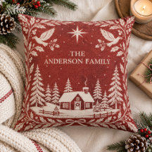 Red Folk Art Block Print Winter Cabin Holiday