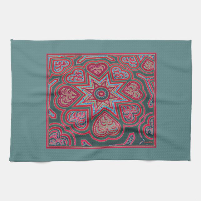 Red Folk Art Hearts Kitchen Towel (Horizontal)