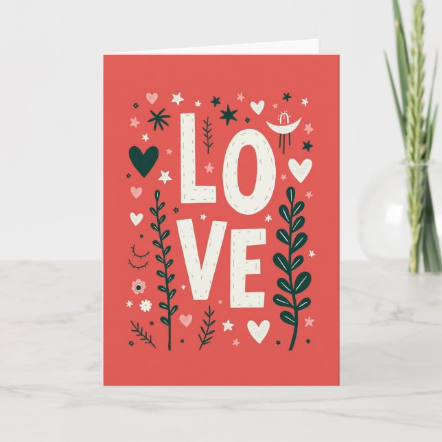 Red Folk Art Love Hearts Card (Front)