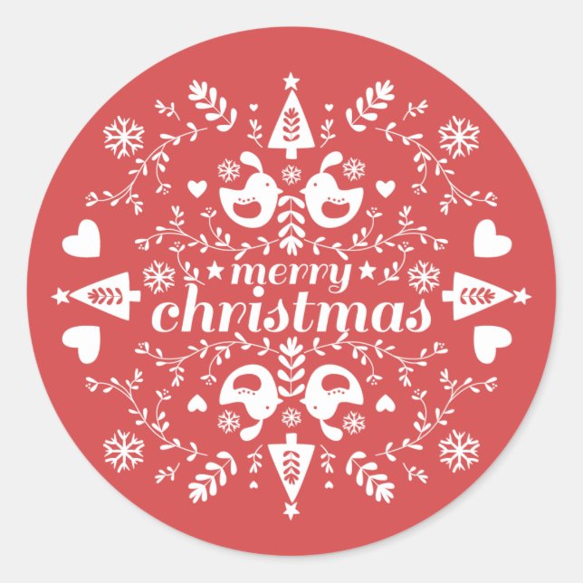 Red Folk Christmas Cheer Classic Round Sticker (Front)
