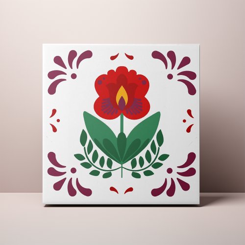 Red Folk Flower Azulejo Ceramic Tile