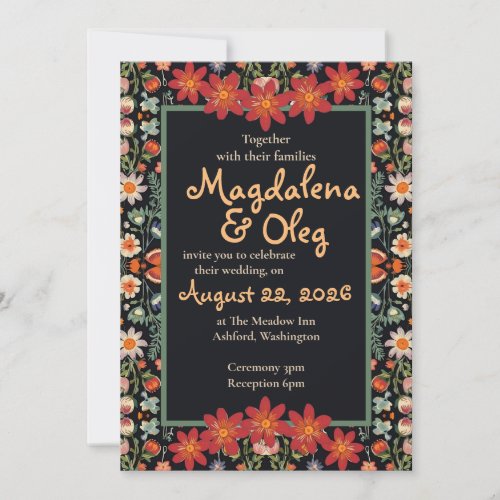 Red Folk Flower Pattern Wedding Invite