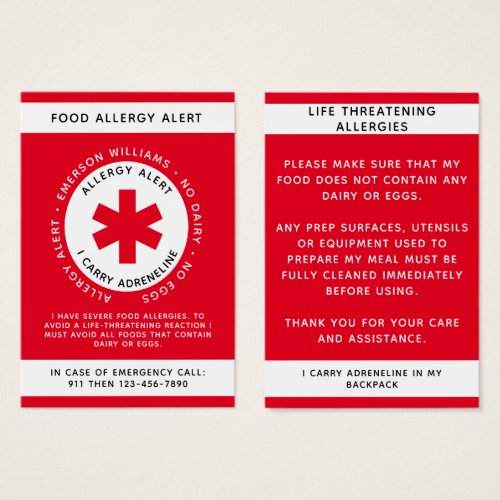 Red Food Allergy Alert Card