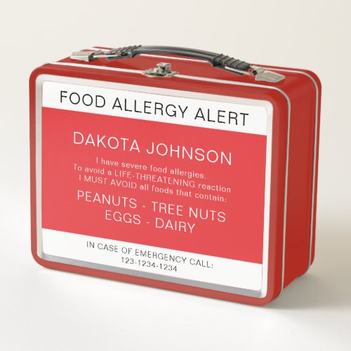 Red Food Allergy Alert Metal Lunch Box