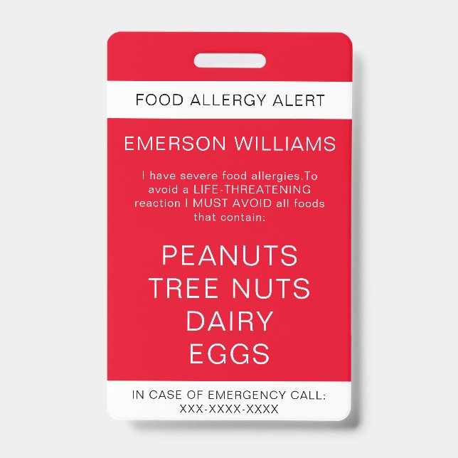 Red Food Allergy Alert Personalized Badge (Front)