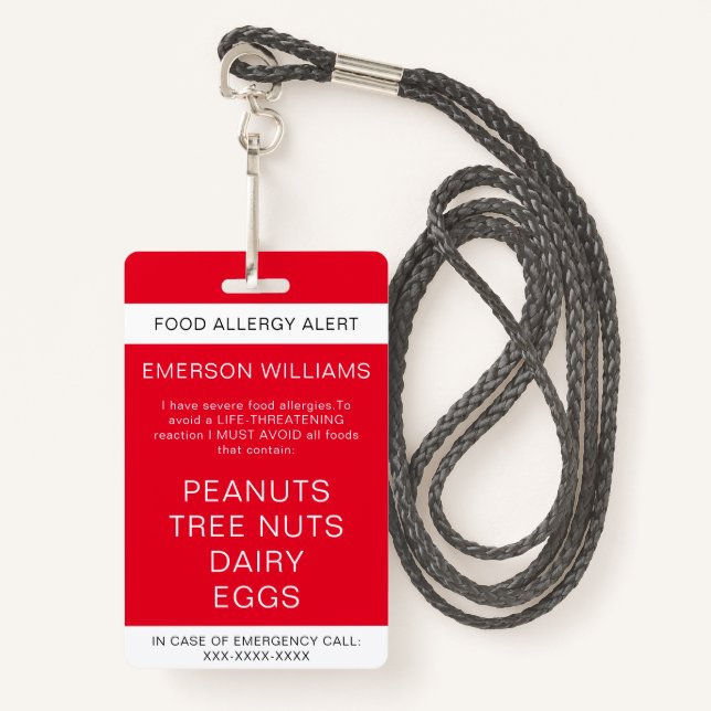 Red Food Allergy Alert Personalized Badge (Front with Lanyard)