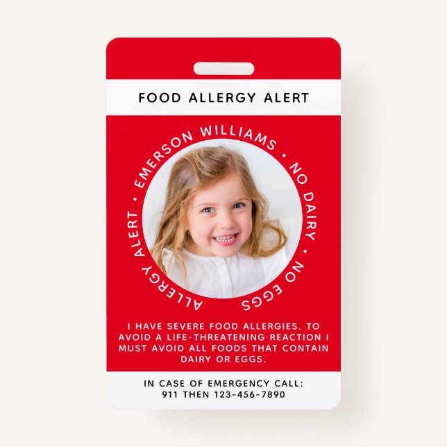 Red Food Allergy Alert Photo Badge (Front)