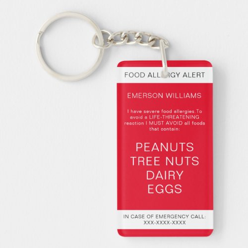 Red Food Allergy Medical Alert Emergency Contact Keychain