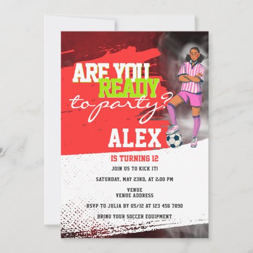 Red Football Player Soccer Girl Birthday Party Invitation