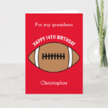Red Football Sport 14th Birthday Card<br><div class="desc">A red personalized football 14th birthday card for grandson, godson, son, etc. You can easily personalize the front of this sports birthday card with his age and name. The inside card message and back of the card can also be personalized for the birthday recipient. This football birthday card for him...</div>