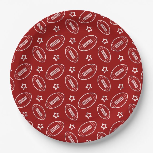 Red Football Sports Pattern Game Day Party Paper Plates (Front)