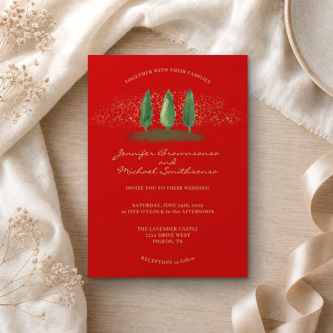 Red Forest Glitter | Christmas Holiday Wedding Invitation