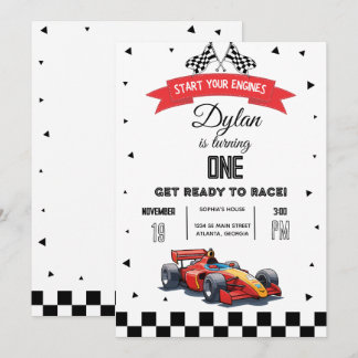 Red Formula Race Car One Birthday Invitation