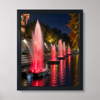 Red Fountain Night Black Framed Art Print
