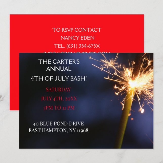 Red Fourth of July  Independence Day  Sparkler Invitation (Front/Back)