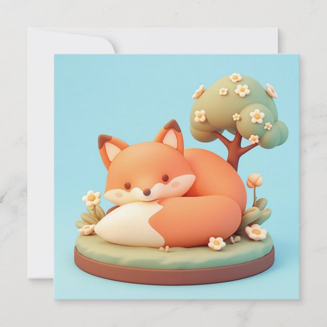 Red Fox 3D Clay Style Floral Tree Postcard (Front)