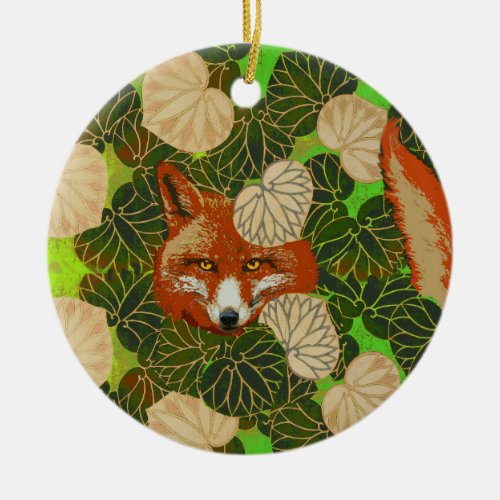 RED FOX AMONG THE GREEN LEAVES AND FOLIAGE  CERAMIC ORNAMENT