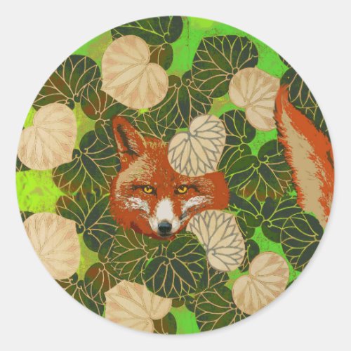 RED FOX AMONG THE GREEN LEAVES AND FOLIAGE CLASSIC ROUND STICKER