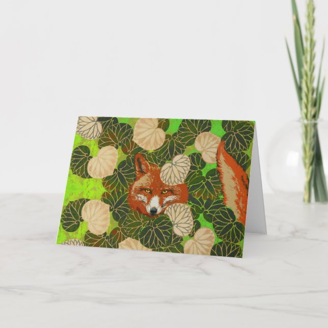 RED FOX AMONG THE GREEN LEAVES AND FOLIAGE HOLIDAY CARD (Front)