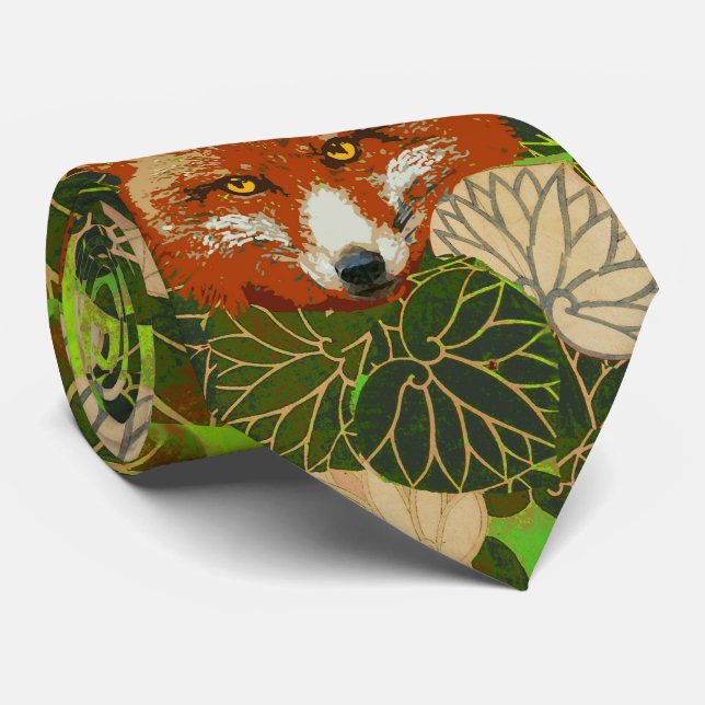 RED FOX AMONG THE GREEN LEAVES AND FOLIAGE NECK TIE (Rolled)