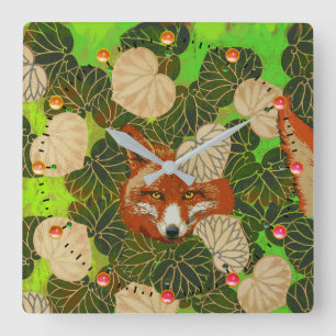 RED FOX AMONG THE GREEN LEAVES AND FOLIAGE SQUARE WALL CLOCK