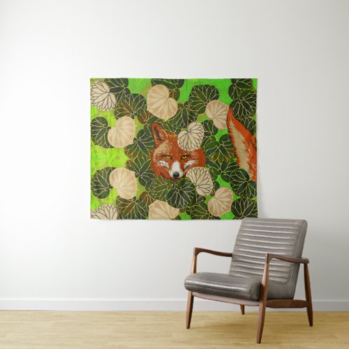 RED FOX AMONG THE GREEN LEAVES AND FOLIAGE TAPESTRY