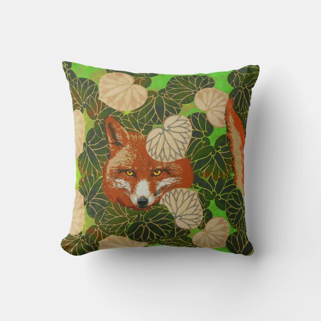 RED FOX AMONG THE GREEN LEAVES AND FOLIAGE THROW PILLOW (Front)