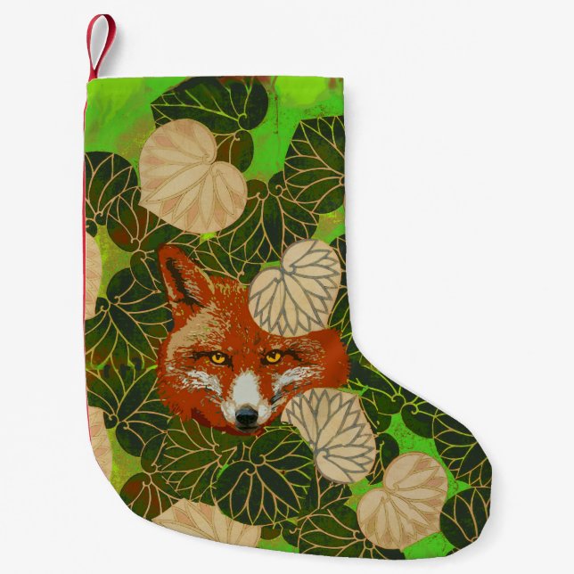 RED FOX AMONG WHITE GREEN LEAVES AND FOLIAGE SMALL CHRISTMAS STOCKING (Front)