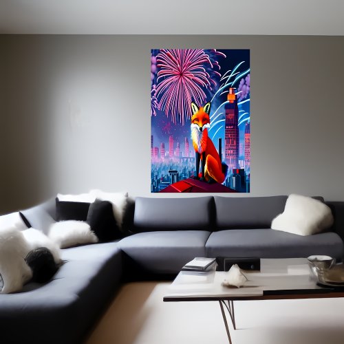 Red fox and firework  AI Art  Poster