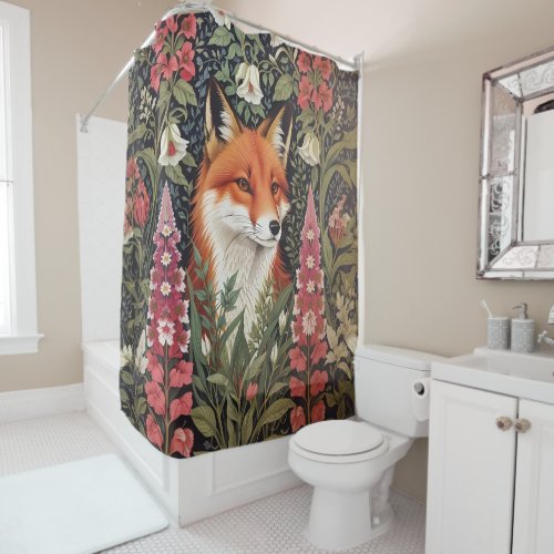Red Fox And Foxgloves William Morris Inspired Shower Curtain