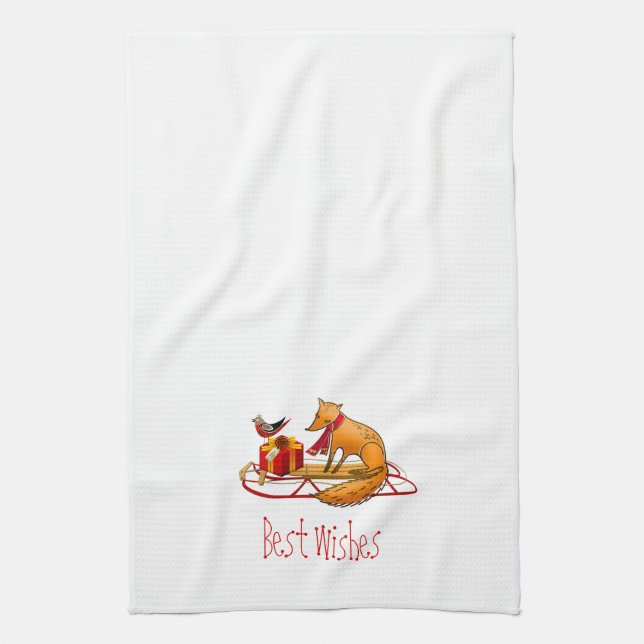 Red Fox and Red Robin Best Wishes Kitchen Towel (Vertical)