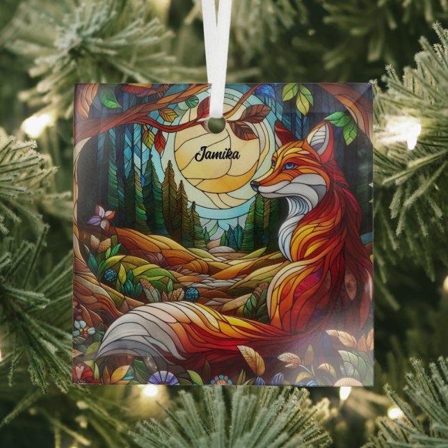  Red Fox and Sun and Forest Glass Ornament (Insitu)