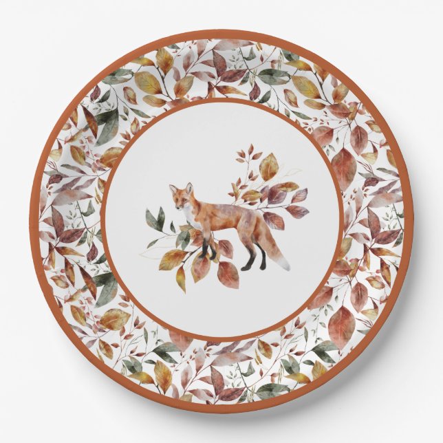 Red Fox Autumn Fall Leaves Pattern Paper Plates (Front)