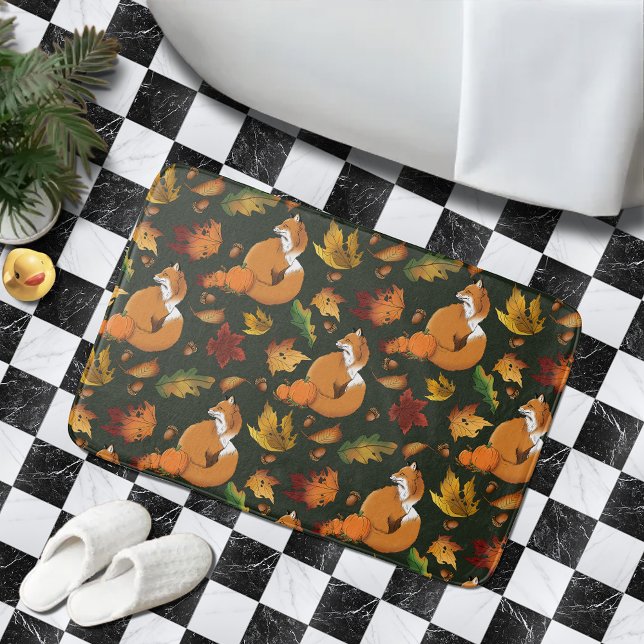 Red Fox Autumn Leaves Acorns Green Pattern Bath Mat (Creator Uploaded)