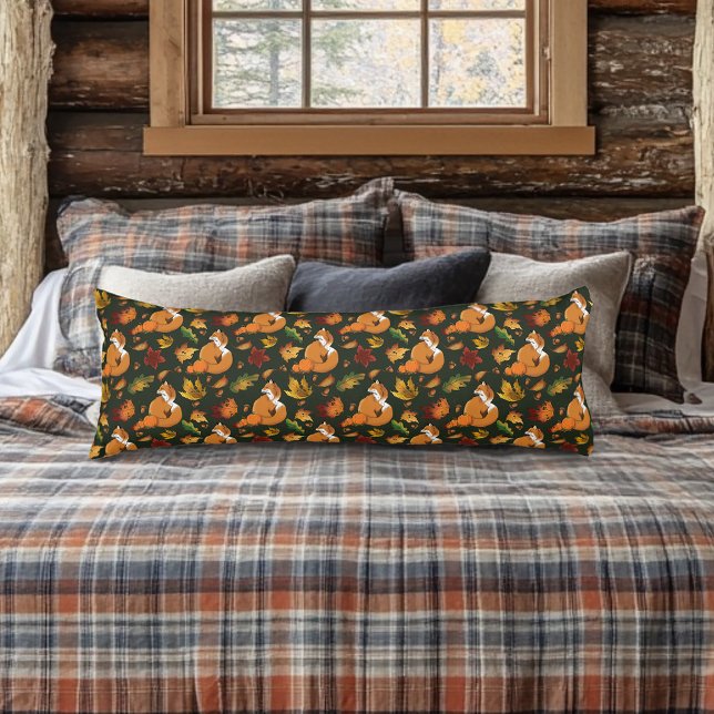 Red Fox Autumn Leaves Acorns Green Pattern Body Pillow (Creator Uploaded)