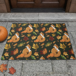 Red Fox Autumn Leaves Acorns Green Pattern Doormat