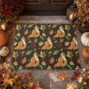 Red Fox Autumn Leaves Acorns Green Pattern Doormat